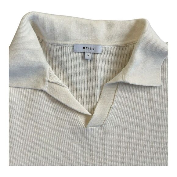 Reiss Mens Large Textured Knit Open Collar Polo Shirt White - Picture 2 of 10